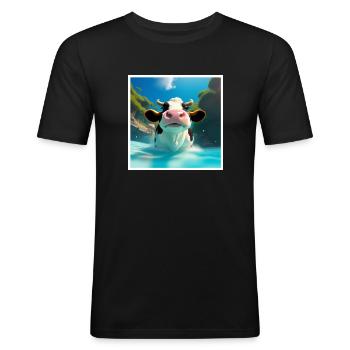 Une vache va se baigner dans l’eau - T-shirt près du corps Homme - noir - Devant - Nik (191cm)