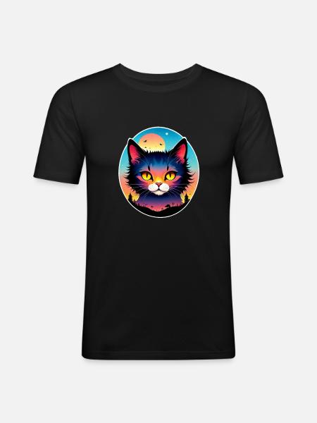 Katze und Landschaft - Männer Slim Fit T-Shirt - Schwarz