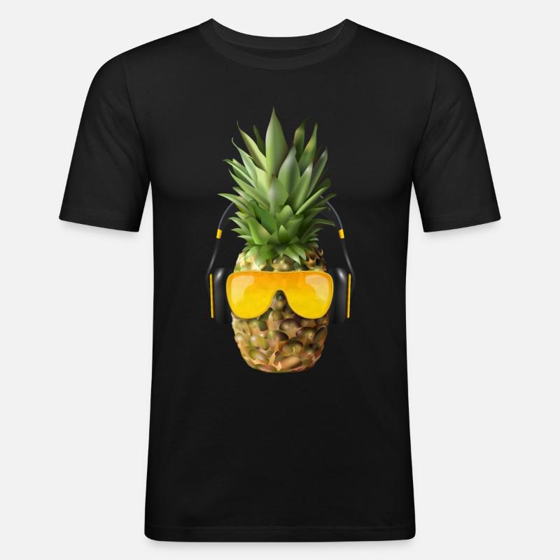 Ananas mit Kopfhörer - Männer Slim Fit T-Shirt - Schwarz