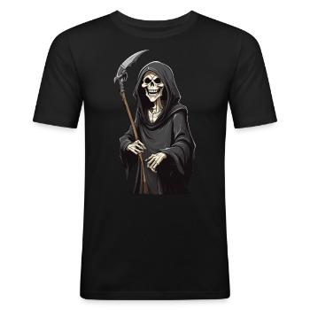 Lustiger Sensenmann Cartoon für Halloween - Männer Slim Fit T-Shirt - Schwarz - Vorne - Nik (191cm)