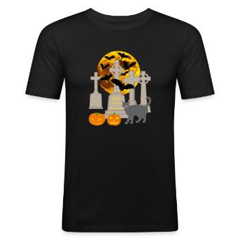 Halloween, Chat, Citrouille, Chauve-souris, Croix celtique - T-shirt près du corps Homme - noir - Devant - Nik (191cm)