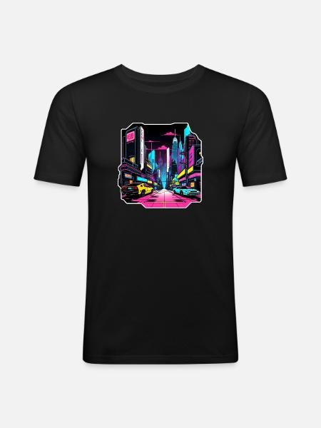 Neonlichter fahren in dystopischer Stadt - Männer Slim Fit T-Shirt - Schwarz