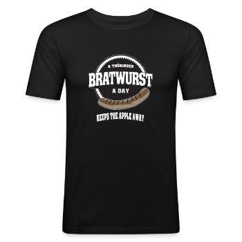 A thüringer Bratwurst a day keeps the apple away - Männer Slim Fit T-Shirt - Schwarz - Vorne - Nik (191cm)