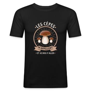Cèpe Champignon Cueillette Cèpes Champignons - T-shirt près du corps Homme - noir - Devant - Nik (191cm)