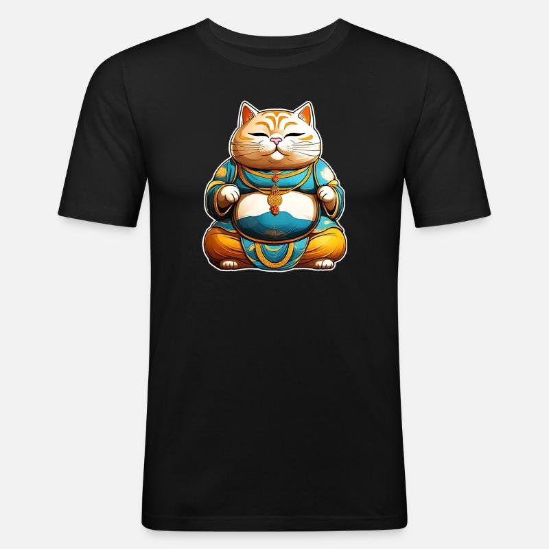 Dicke Katze in Buddha Position - Männer Slim Fit T-Shirt - Schwarz