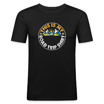 Chemise My road trip - camping, camping-car - T-shirt près du corps Homme - noir - Devant - Nik (191cm)
