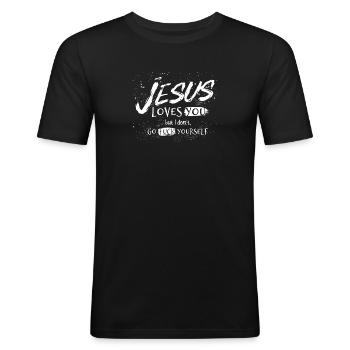 Jesus Loves You But I Don't Go Fuck Yourself - Männer Slim Fit T-Shirt - Schwarz - Vorne - Nik (191cm)
