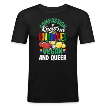 La compassion ne connaît pas de frontières - végétalienne et queer - T-shirt près du corps Homme - noir - Devant - Nik (191cm)