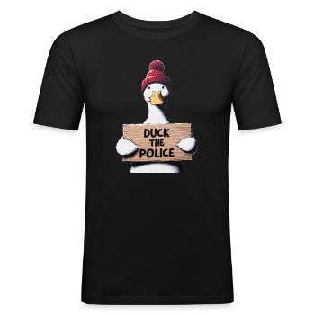 Baissez la police dans le style art urbain - T-shirt près du corps Homme - noir - Devant - Nik (191cm)