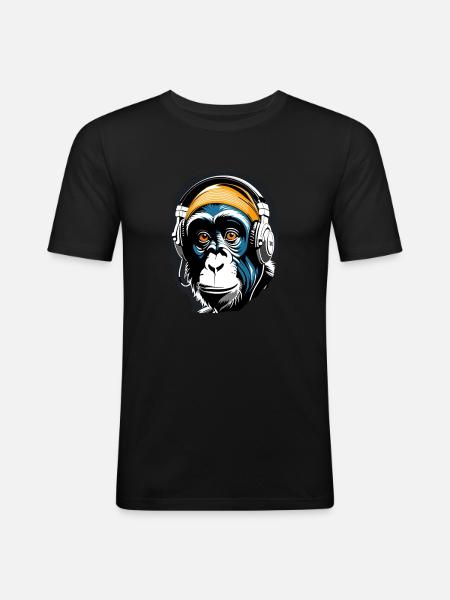 Music Monkey Chimpanzee Headphones as a Gift Idea - Men's Slim Fit T-Shirt - black