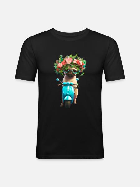 E-Rolller Mops mit Blumenkranz - Männer Slim Fit T-Shirt - Schwarz