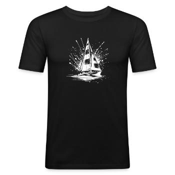 Kleines Segelboot mit Wellengang Splash Optik - Männer Slim Fit T-Shirt - Schwarz - Vorne - Nik (191cm)