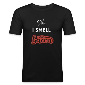 Pssst, ich rieche Speck - Männer Slim Fit T-Shirt - Schwarz - Vorne - Nik (191cm)