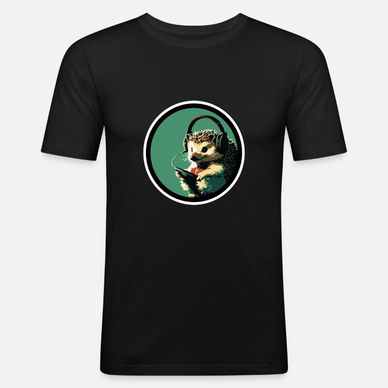 Igel mit Kopfhörer - Männer Slim Fit T-Shirt - Schwarz