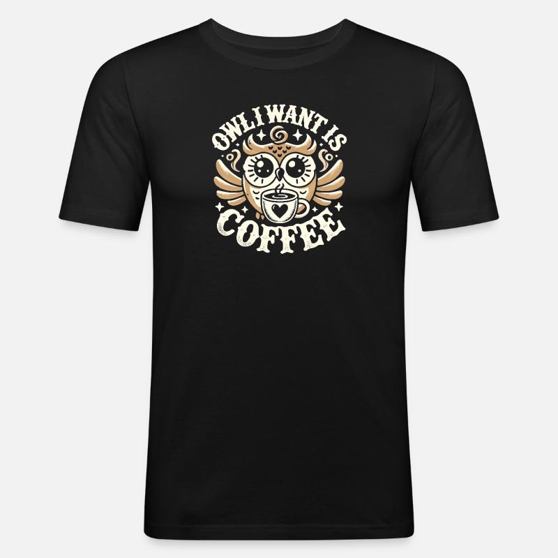Eule Ich will Kaffee - Männer Slim Fit T-Shirt - Schwarz