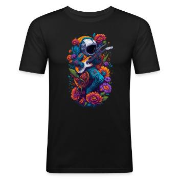 Astronaut mit E-Gitarre und Blumen Illustration - Männer Slim Fit T-Shirt - Schwarz - Vorne - Nik (191cm)