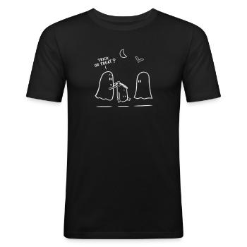 Trick Or Treat - Mannen slim fit T-shirt - zwart - Voor - Nik (191cm)