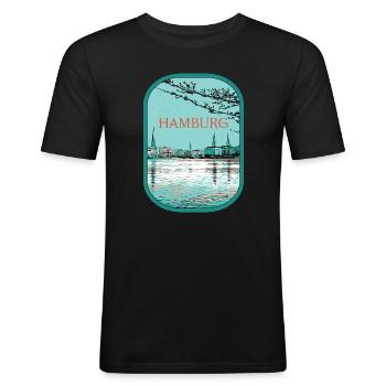 Illustration Paysage Fluvial Hambourg - T-shirt près du corps Homme - noir - Devant - Nik (191cm)