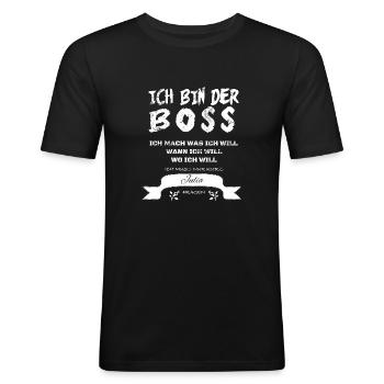 Boss Witziger Spruch Julia - Männer Slim Fit T-Shirt - Schwarz - Vorne - Nik (191cm)