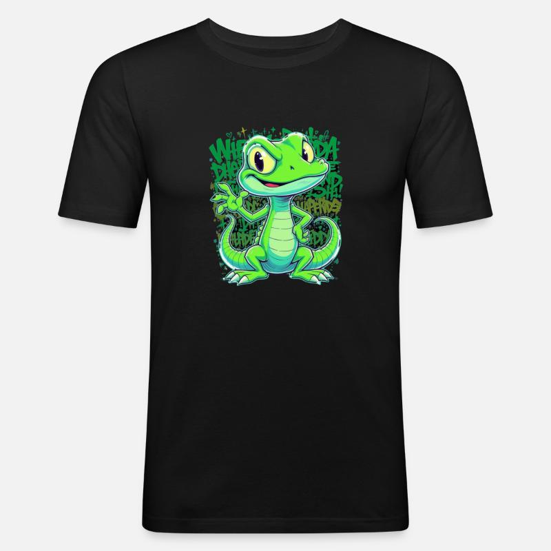 Fröhliche Echse – Witziger Comic Style - Männer Slim Fit T-Shirt - Schwarz