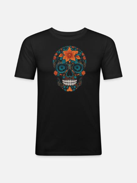 crâne fleuri - T-shirt près du corps Homme - noir