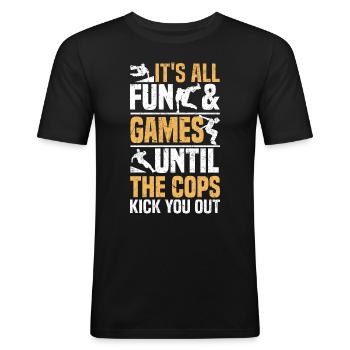 Les dictons de parkour | Idées cadeaux Sport Freerunning - T-shirt près du corps Homme - noir - Devant - Nik (191cm)