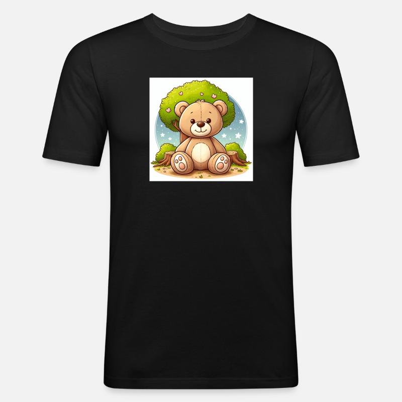 Teddybär vor einem Baum - Männer Slim Fit T-Shirt - Schwarz