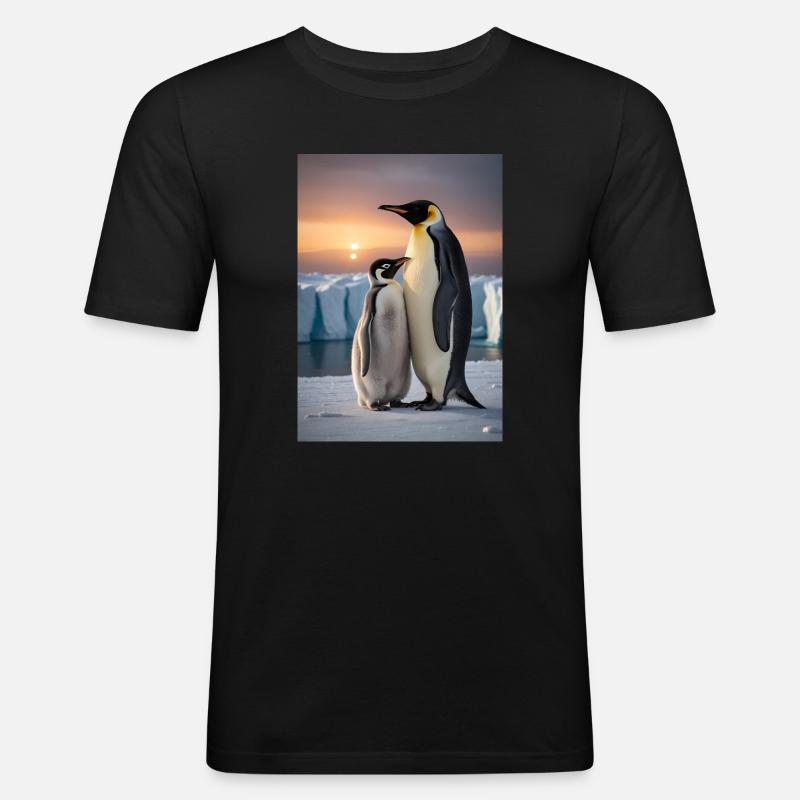 Pinguin mit Jungtier auf Eisscholle am Südpol - Männer Slim Fit T-Shirt - Schwarz