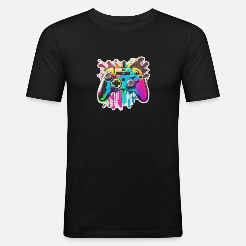 Gaming Controller Rainbow Splash - Männer Slim Fit T-Shirt - Schwarz