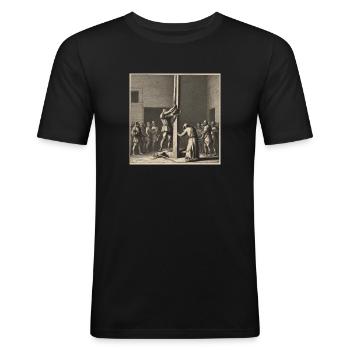 Executioner beheading a man at the scaffold - Männer Slim Fit T-Shirt - Schwarz - Vorne - Nik (191cm)