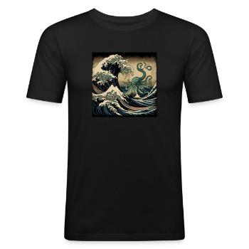 Große Welle - Männer Slim Fit T-Shirt - Schwarz - Vorne - Nik (191cm)