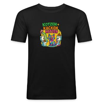 Vomir + Faire caca = Chats – Chaos coloré dans les bandes dessinées - T-shirt près du corps Homme - noir - Devant - Nik (191cm)