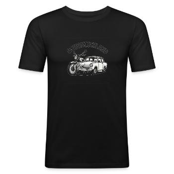 Ostalgie auf zwei und vier Rädern – Moped & Traban - Männer Slim Fit T-Shirt - Schwarz - Vorne - Nik (191cm)