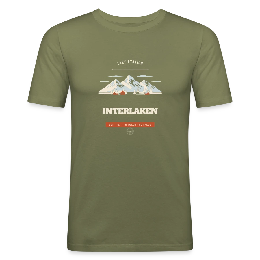 Interlaken badge on a men's slim fit t-shirt, khaki green