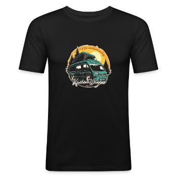 Kastenwagen Badge - Wir sind dann mal weg - Männer Slim Fit T-Shirt - Schwarz - Vorne - Nik (191cm)