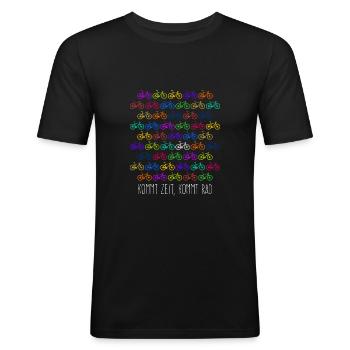 Lustiger Radfahrer Spruch: Kommt Zeit, kommt Rad - Männer Slim Fit T-Shirt - Schwarz - Vorne - Nik (191cm)
