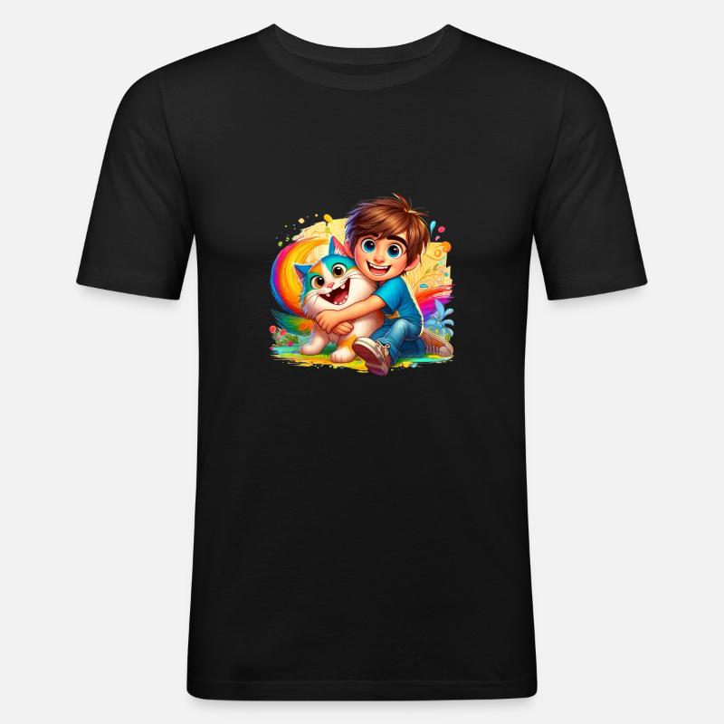 Junge mit süßer Katze - Männer Slim Fit T-Shirt - Schwarz