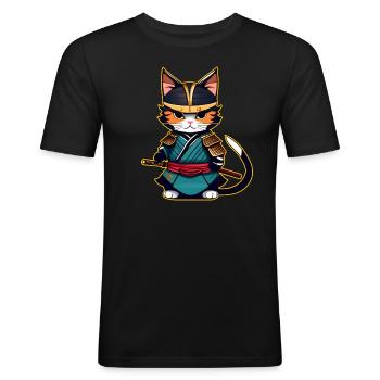 Cute samurai cat - Men's Slim Fit T-Shirt - black - Front - Nik (191cm)