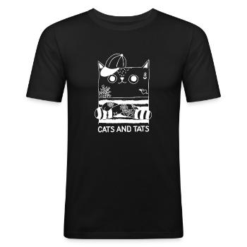 Cats and Tats – Katzen & Tattoo Lifestyle  - Männer Slim Fit T-Shirt - Schwarz - Vorne - Nik (191cm)