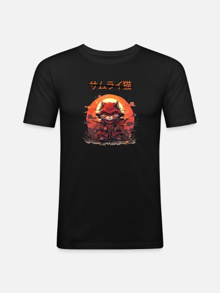 Samurai Anime Cat - Männer Slim Fit T-Shirt - Schwarz