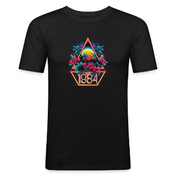Millésime 1984 - Rétro - Anniversaire - 80s - 80's - T-shirt près du corps Homme - noir - Devant - Nik (191cm)