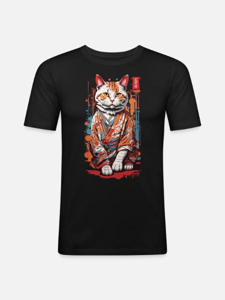 Japansk Kimono Cat Geisha Kawaii Katte Kunst - Herre Slim Fit T-Shirt - sort