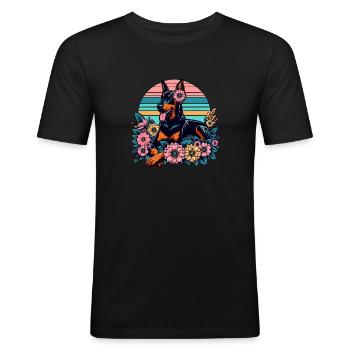 Doberman Retro Pastel Fleurs Fleurs - T-shirt près du corps Homme - noir - Devant - Nik (191cm)