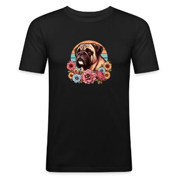 Bullmastiff Retro Pastel Fleurs - T-shirt près du corps Homme - noir - Devant - Nik (191cm)