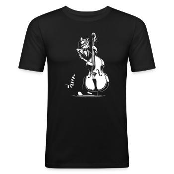 Katze im Anzug spielt Kontrabass - Männer Slim Fit T-Shirt - Schwarz - Vorne - Nik (191cm)