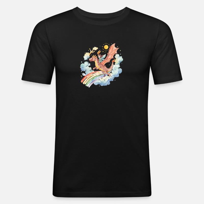 Mädchen mit Drachen und Regenbogen - Männer Slim Fit T-Shirt - Schwarz