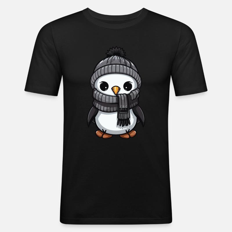 Pinguin Winter Comic Niedlich - Männer Slim Fit T-Shirt - Schwarz