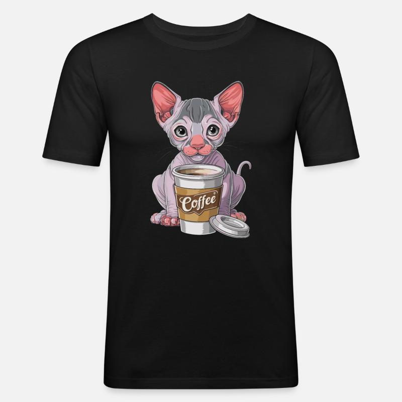 Nacktkatze mit Kaffee - Männer Slim Fit T-Shirt - Schwarz