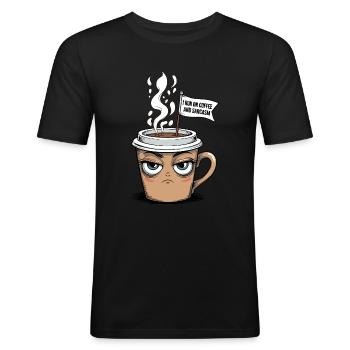 Café et sarcasme – Design amusant - T-shirt près du corps Homme - noir - Devant - Nik (191cm)