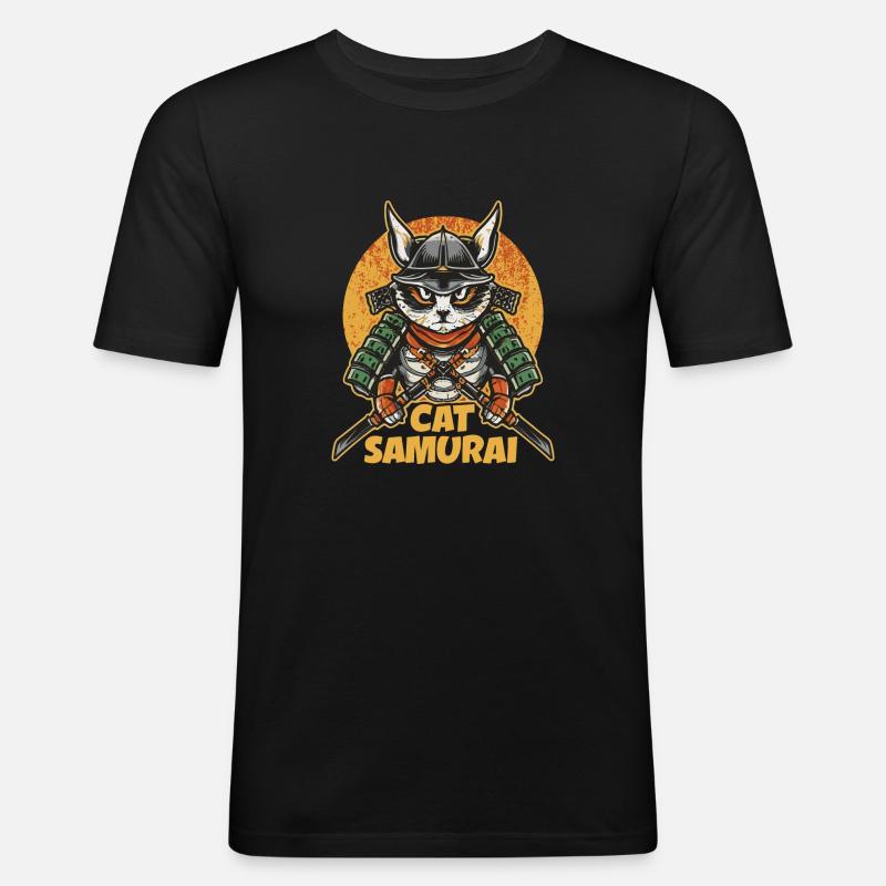 Katze Samurai - Männer Slim Fit T-Shirt - Schwarz
